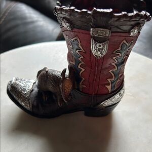 Decorative Red Cowboy Boot Figurine with Armadillo Accent